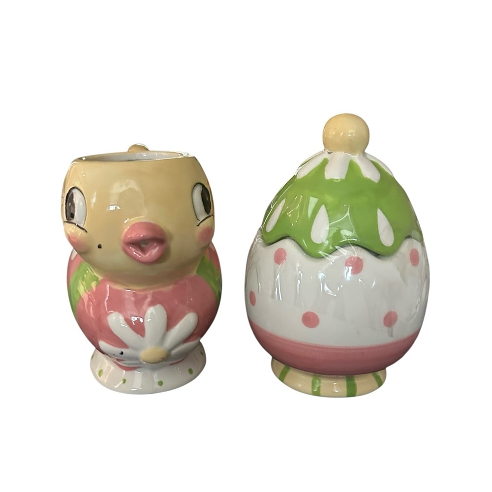 Johanna Parker Anthropomorphic Easter Chick and Egg creamer and sugar set